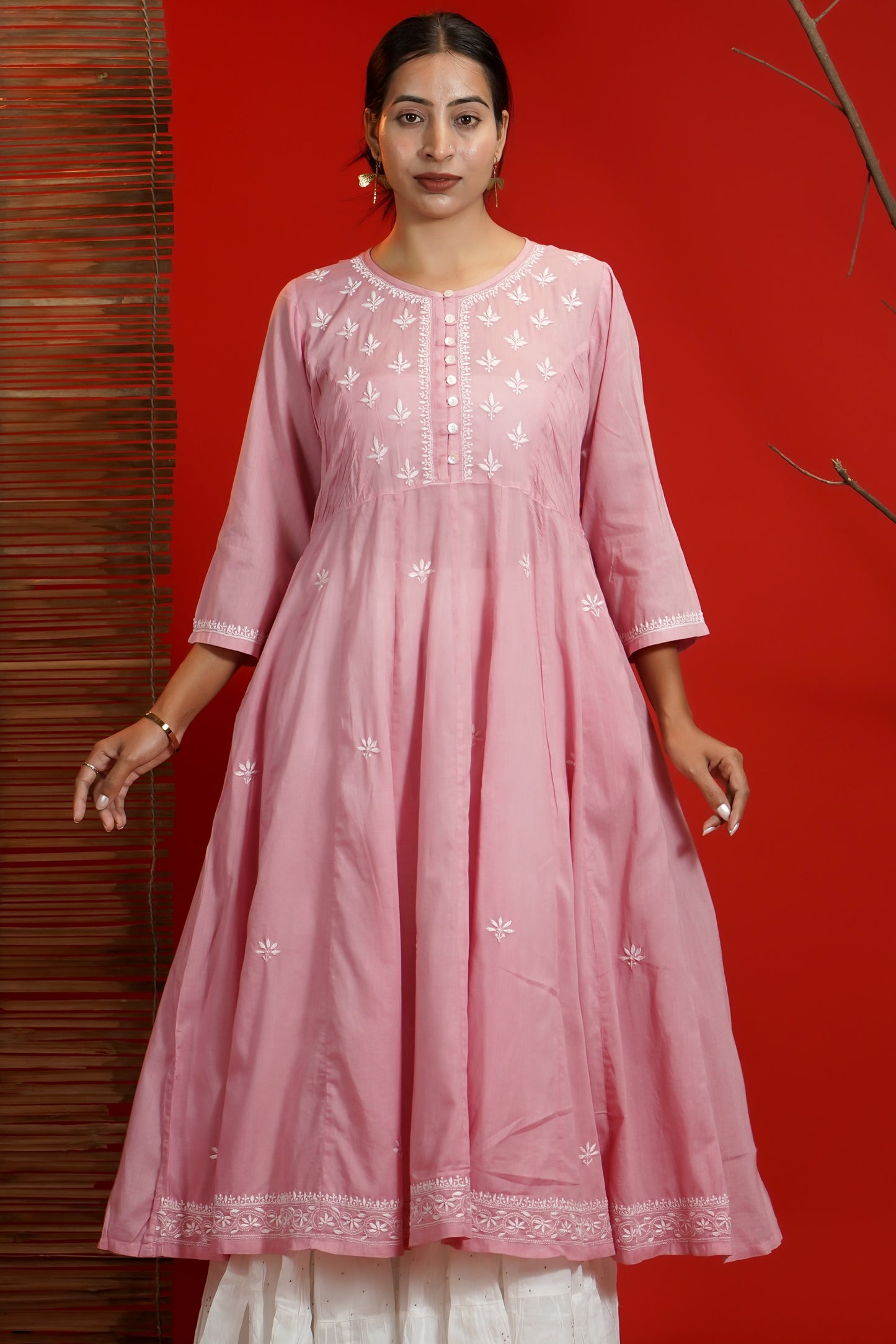 Women Hand Embroidered Chikankari Baby Pink Pintex Kali Dress