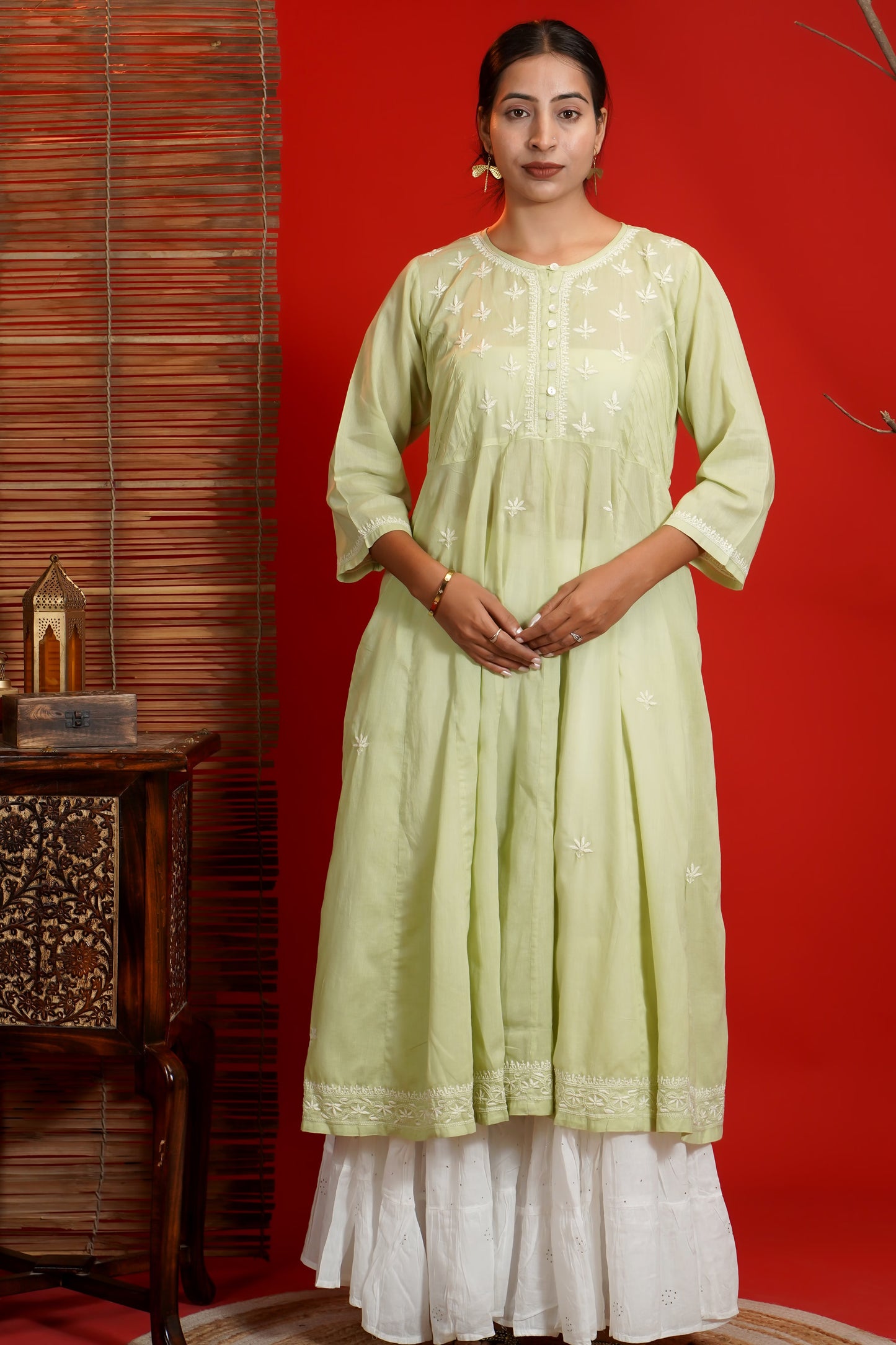 Women Hand Embroidered Chikankari Green Pintex Kali Dress