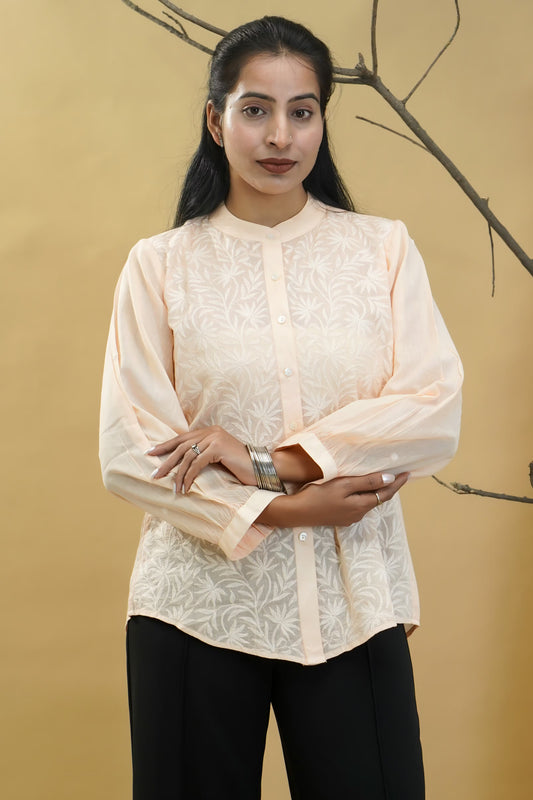 Women Hand Embroidered Chikankari Peach Shirt