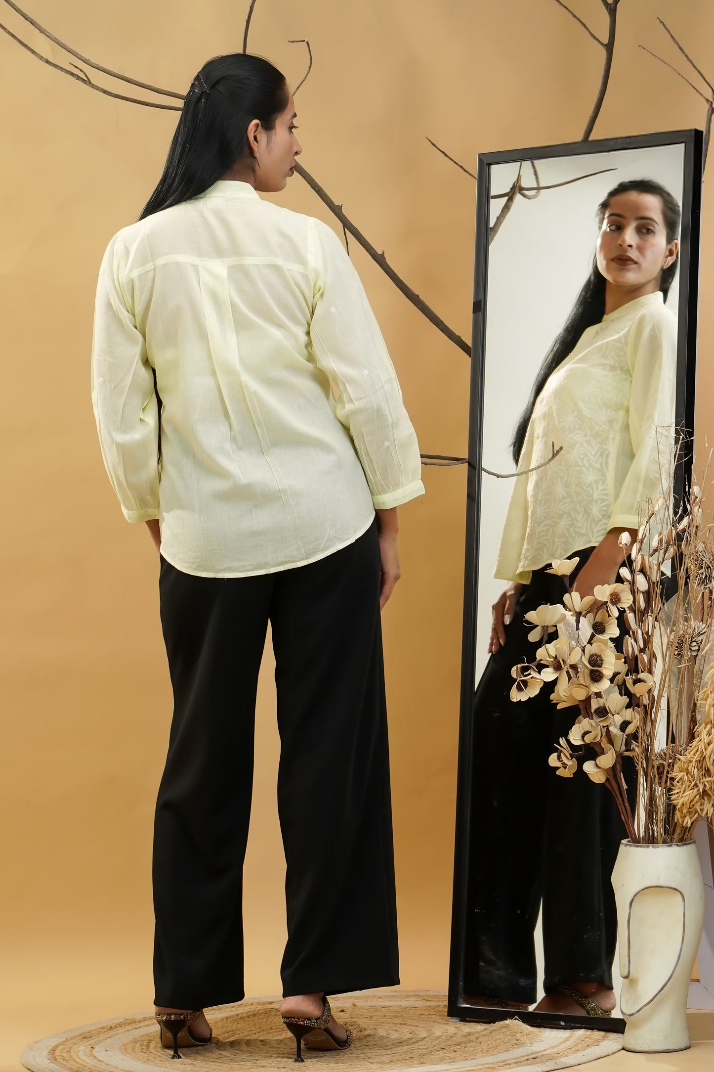 Women Hand Embroidered Chikankari Lemon Yellow Shirt