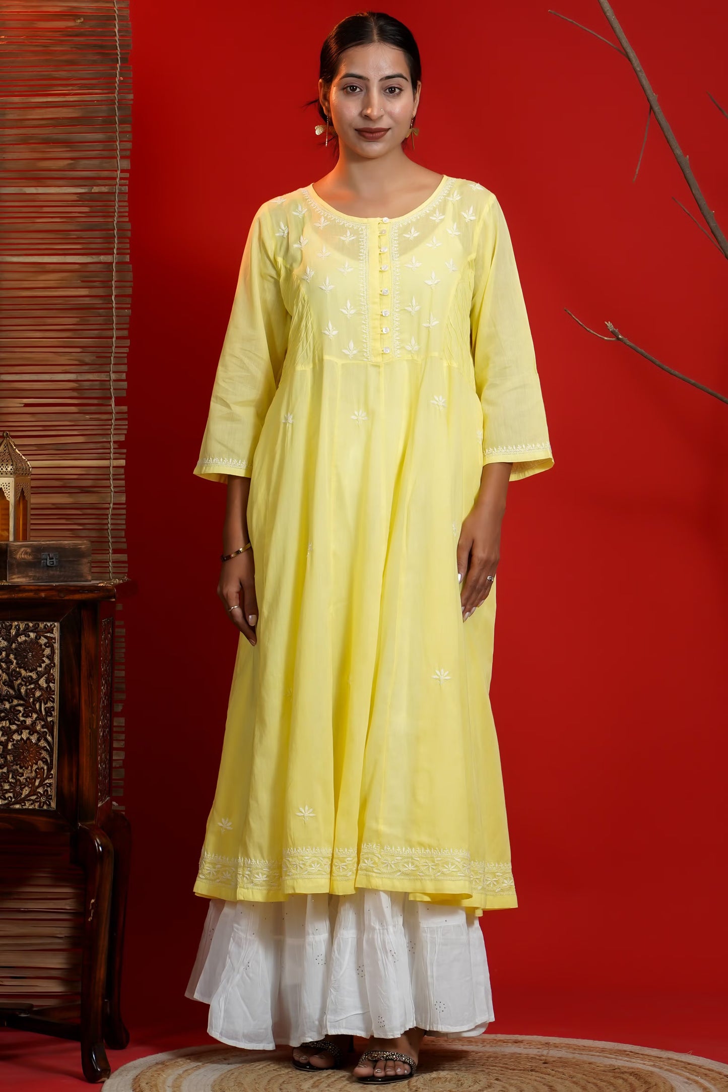 Women Hand Embroidered Chikankari Yellow Pintex Kali Dress