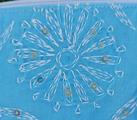 Blue fabric with white Chikankari pattern