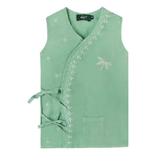 Green Hand embroidered chikankari vest on a white background