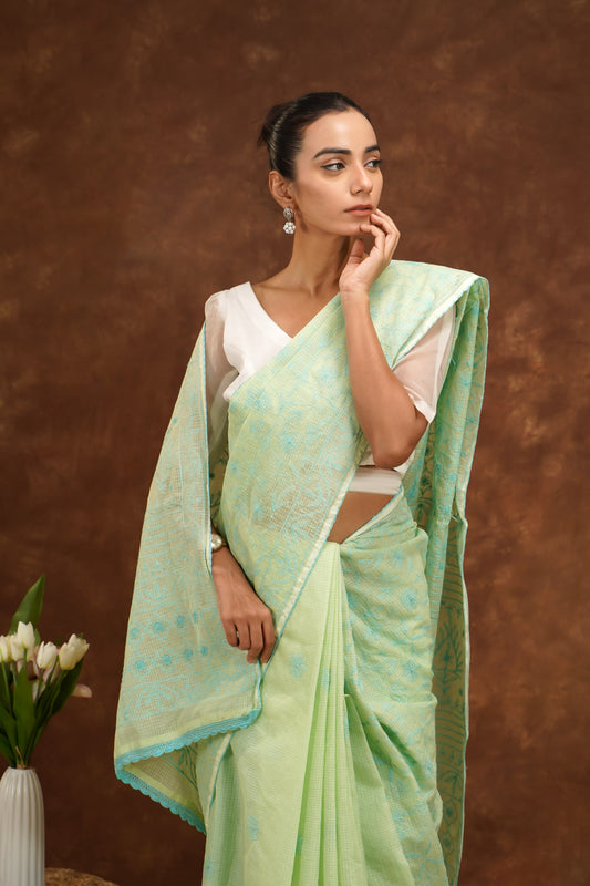 Shwet Women Light Green Hand Embroidered Kota Cotton Chikankari Saree
