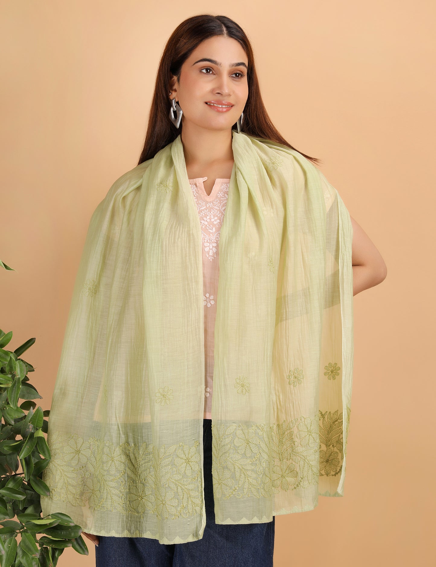 Shwet Artistry Shwet Women Green Chikankari Chanderi Stole - Premium Chikankari Collection