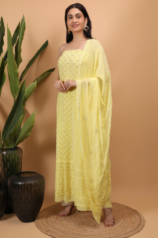 Shwet Women Yellow Hand Embroidered Chikankari Semi-Stitched Anarkali & Dupatta