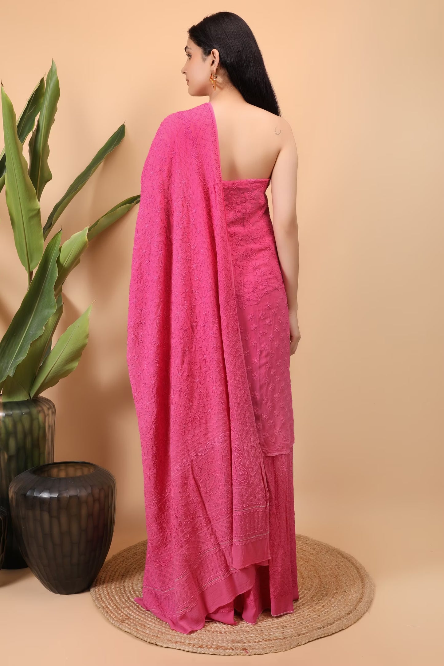 Shwet Women Magenta Hand Embroidered Chikankari Semi-Stitched Lehenga Set