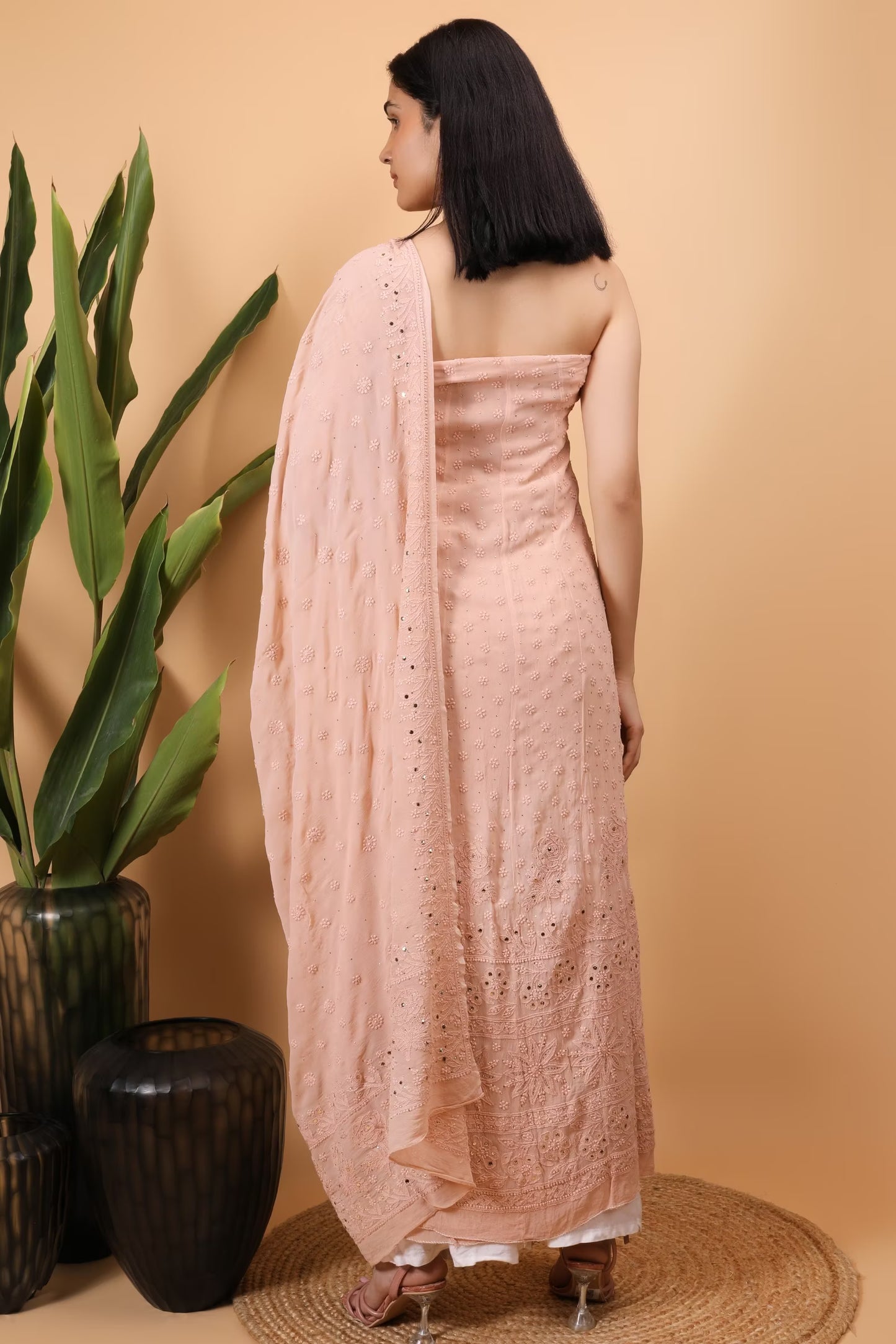Shwet Women Peach Hand Embroidered Chikankari Semi-stitched Anarkali & Dupatta