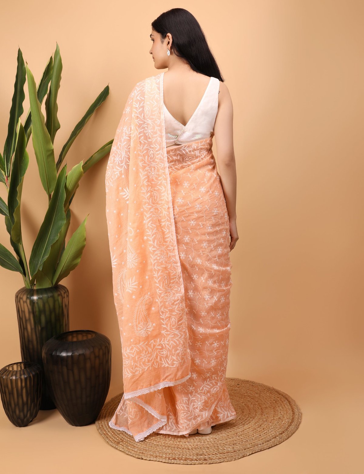 Shwet Peach Kota Cotton Chikankari Saree - Handcrafted Chikankari embroidery. Premium quality fabric.