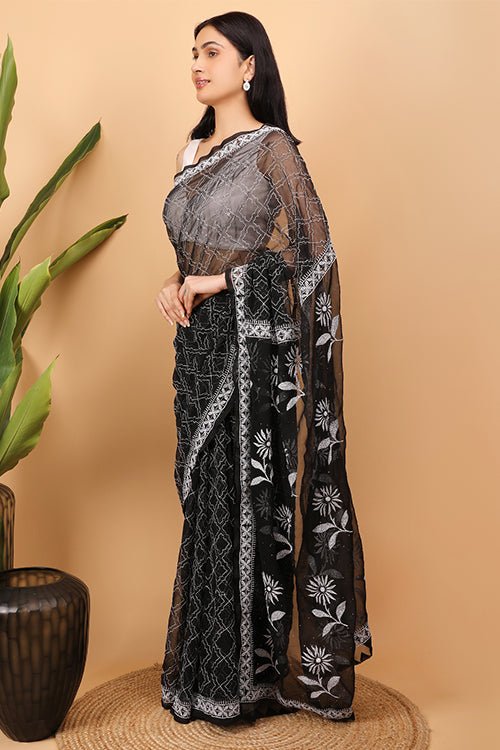 Shwet Black Georgette Chikankari Saree - Handcrafted Chikankari embroidery, close-up detail. Premium quality fabric.