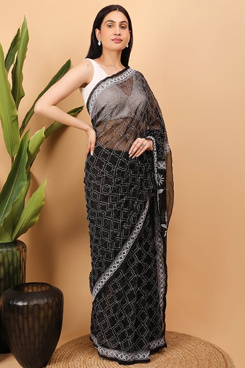 Shwet Black Georgette Chikankari Saree - Handcrafted Chikankari embroidery, styling example. Premium quality fabric.