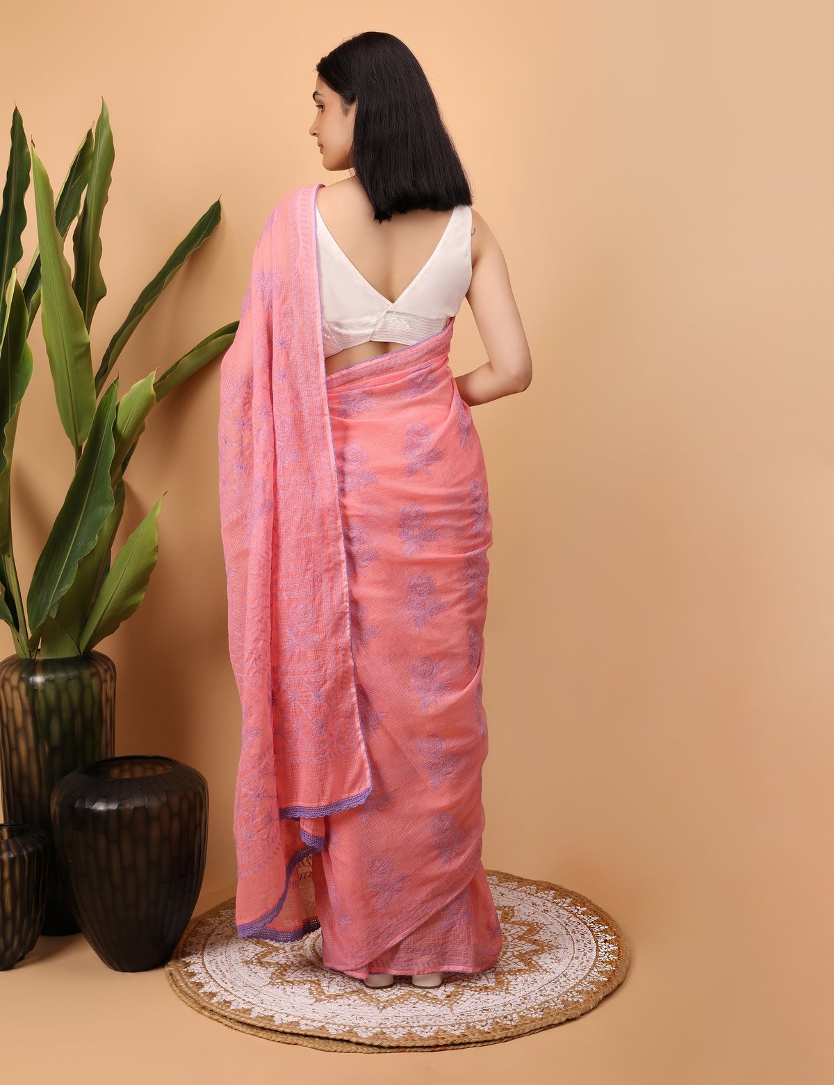 Shwet Pink Kota Cotton Chikankari Saree - Handcrafted Chikankari embroidery. Premium quality fabric.