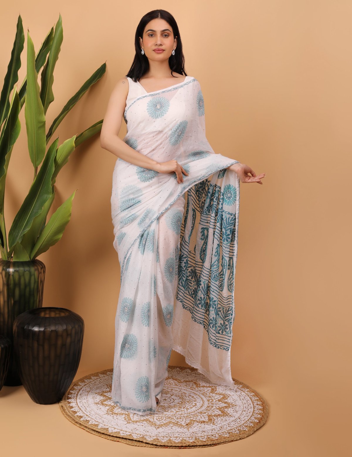 Shwet White Kota Cotton Chikankari Saree - Handcrafted Chikankari embroidery. Premium quality fabric.