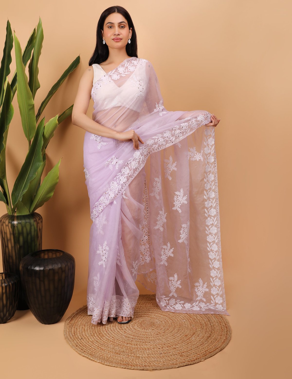 Shwet Purple organza Chikankari Saree - Handcrafted Chikankari embroidery. Premium quality fabric.