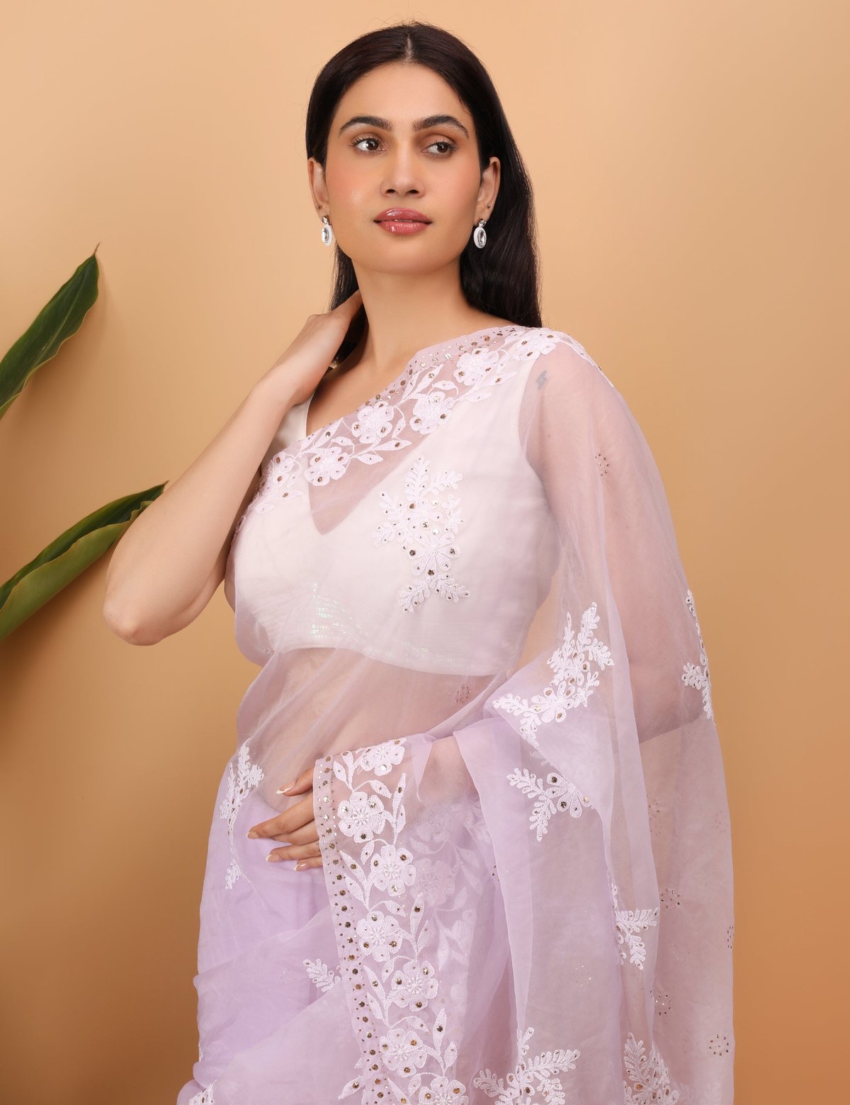 Shwet Purple organza Chikankari Saree - Handcrafted Chikankari embroidery. Premium quality fabric.