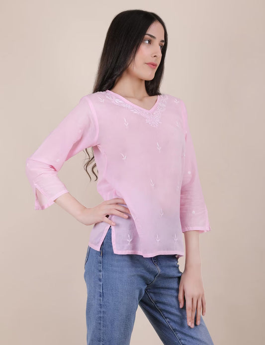 Women Hand Embroidered "Pastel Poise"  Pink short top - Shwet Artistry