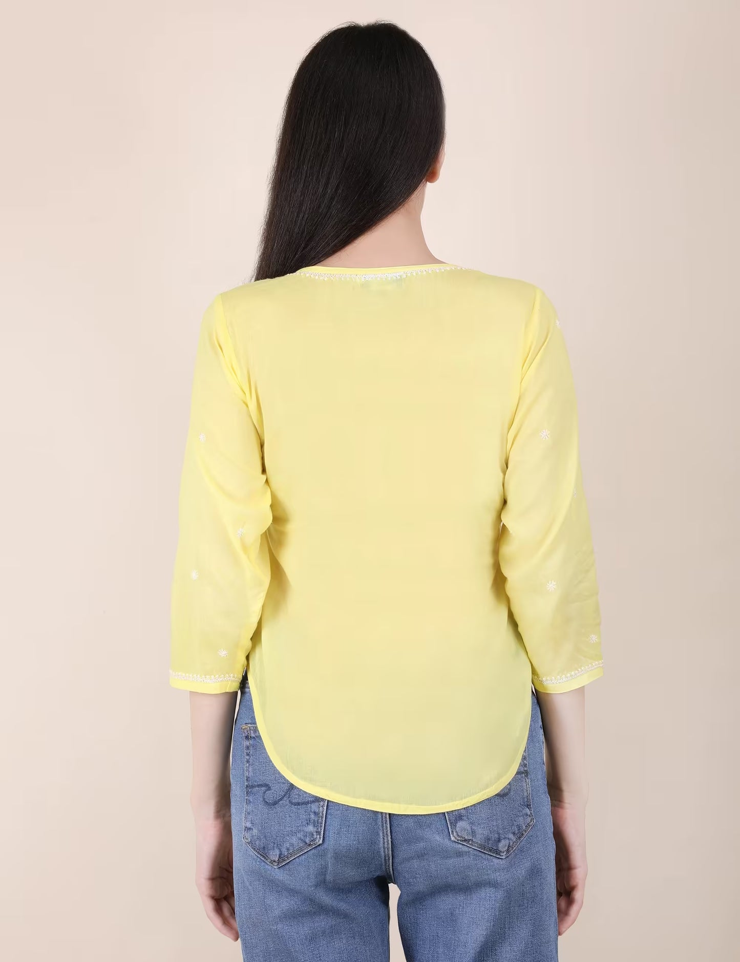Shwet Women Hand Embroidered "Pastel Poise" Yellow short top - Shwet Artistry
