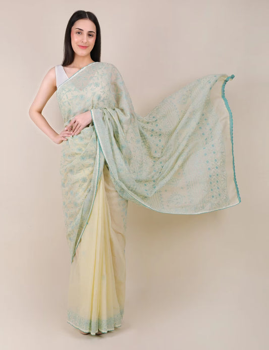 Shwet Yellow Women Hand Embroidered Chikankari Saree - Shwet Artistry
