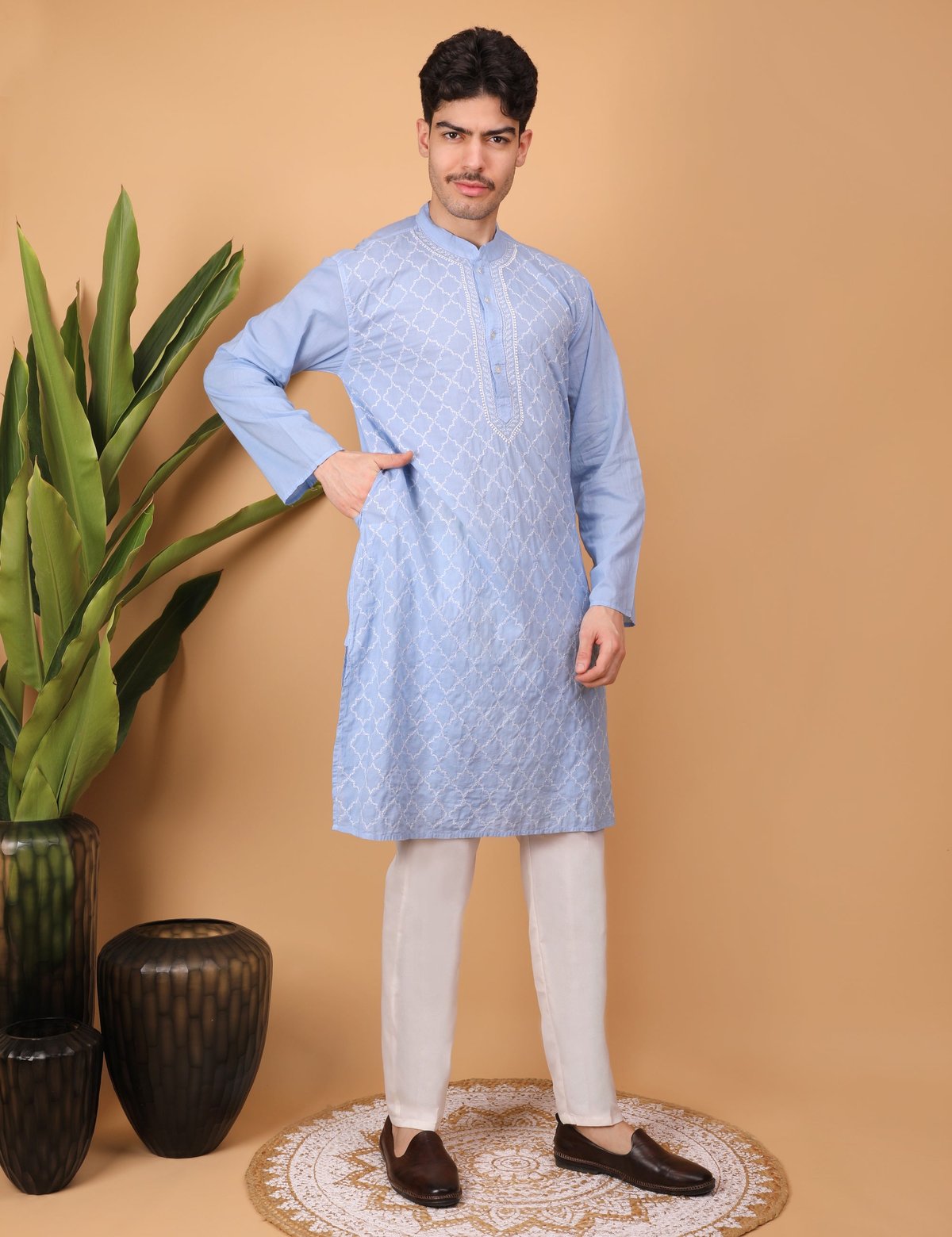 shwet men cotton Lavender chikankari kurta - Handcrafted Chikankari embroidery, styling example. Premium quality fabric.