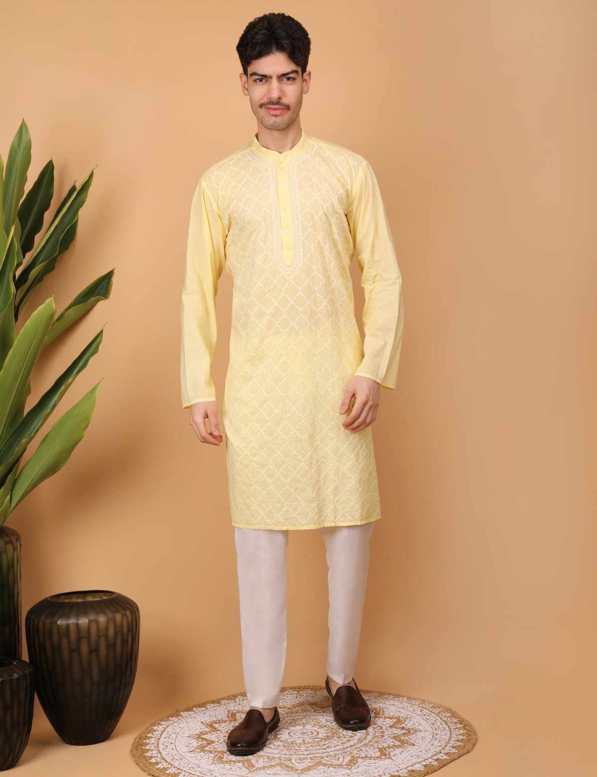 shwet men cotton yellow chikankari kurta - Handcrafted Chikankari embroidery, front view. Premium quality fabric.