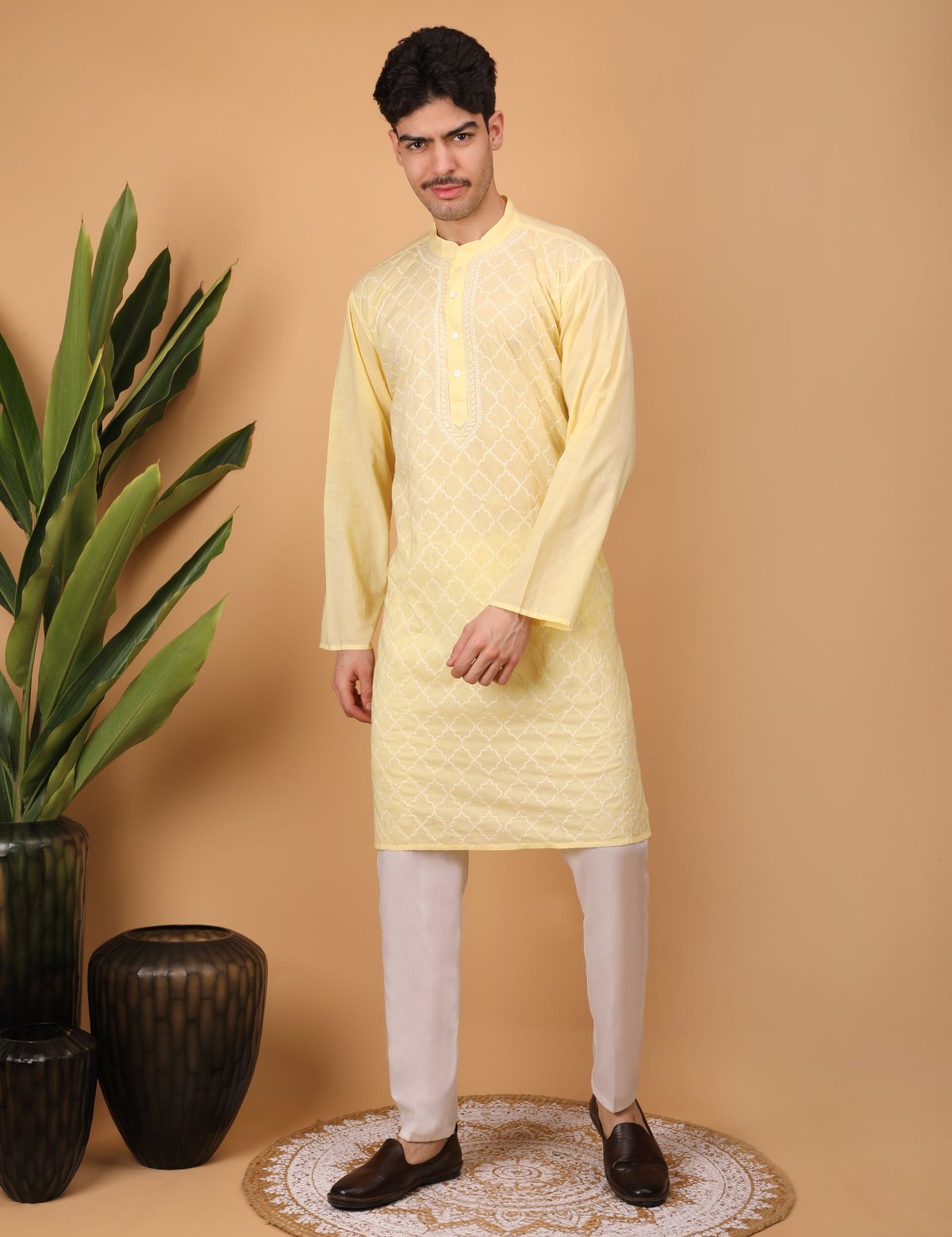 shwet men cotton yellow chikankari kurta - Handcrafted Chikankari embroidery, close-up detail. Premium quality fabric.