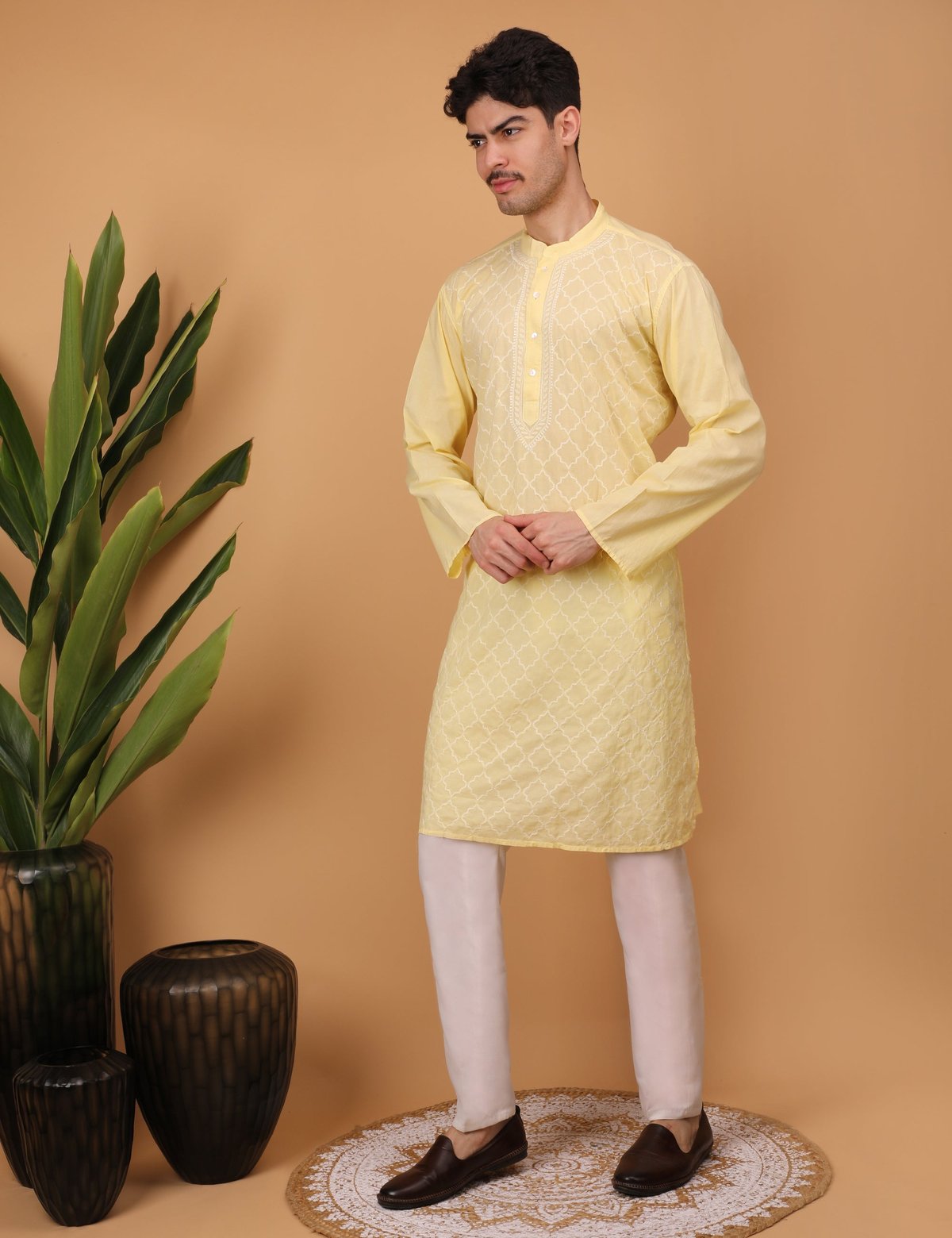 shwet men cotton yellow chikankari kurta - Handcrafted Chikankari embroidery, styling example. Premium quality fabric.