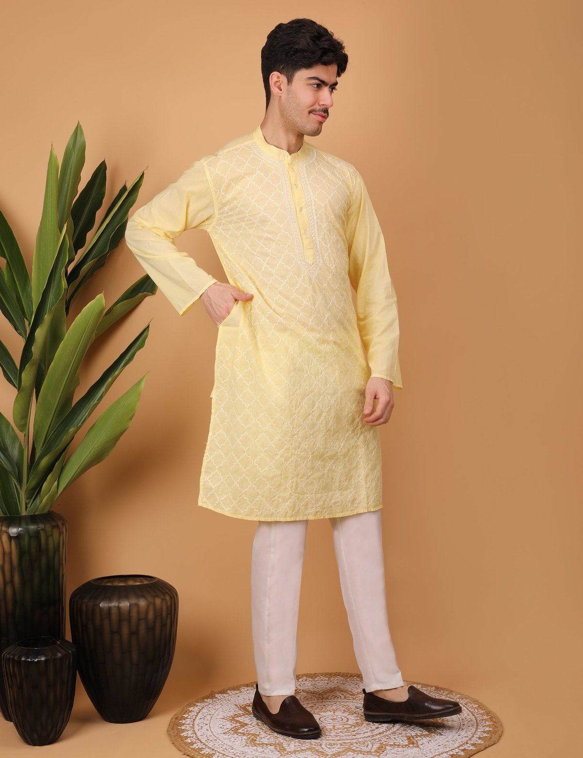 shwet men cotton yellow chikankari kurta - Handcrafted Chikankari embroidery. Premium quality fabric.
