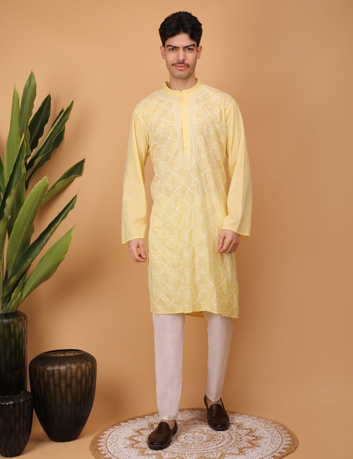 shwet men cotton yellow chikankari kurta - Handcrafted Chikankari embroidery, front view. Premium quality fabric.