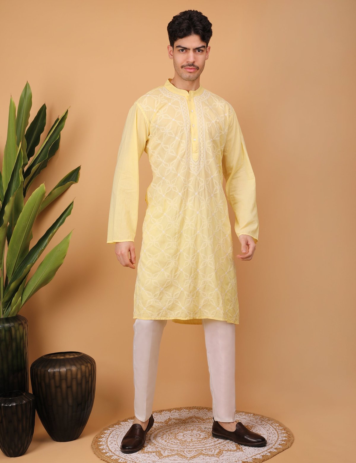 shwet men cotton yellow chikankari kurta - Handcrafted Chikankari embroidery, styling example. Premium quality fabric.