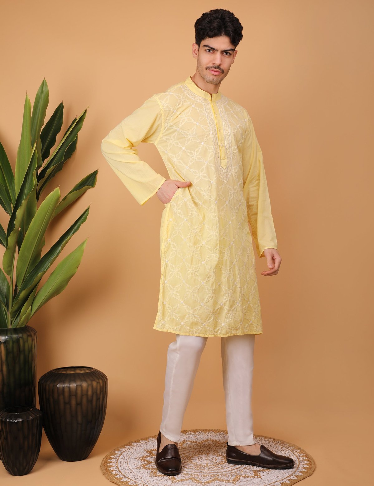 shwet men cotton yellow chikankari kurta - Handcrafted Chikankari embroidery. Premium quality fabric.