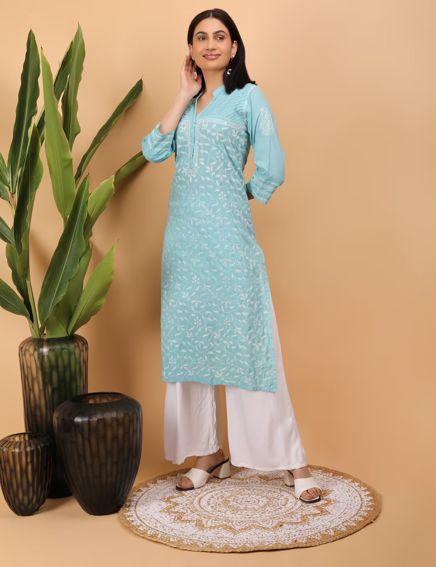 Shwet Women Sea Blue Hand Embroidered Chikankari Pintex Kurta