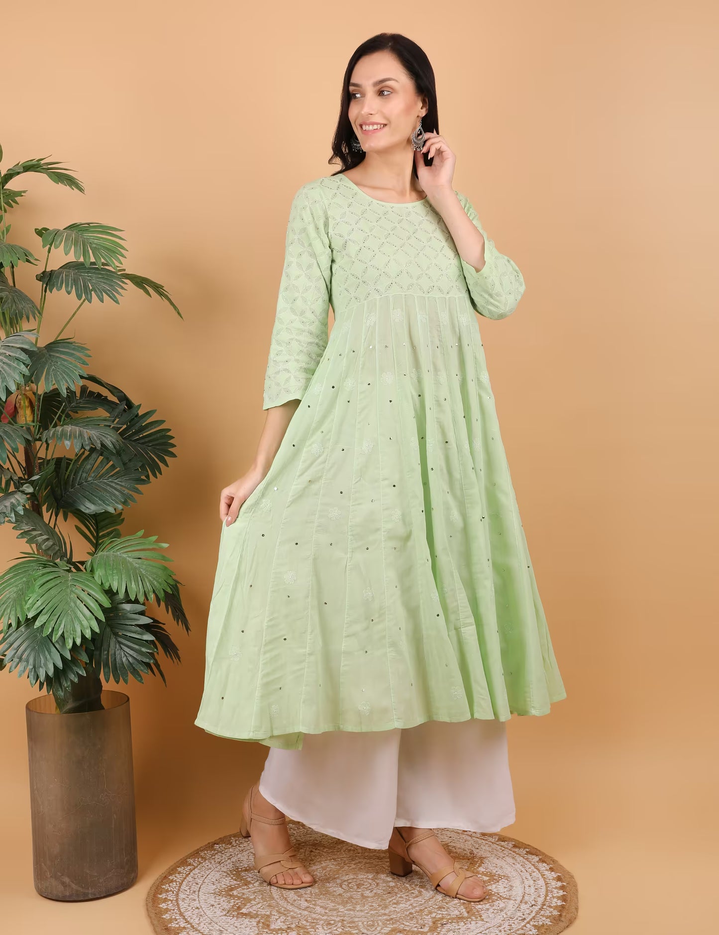 Shwet Women Pista Green Hand Embroidered Chikankari Kali Dress - Shwet Artistry