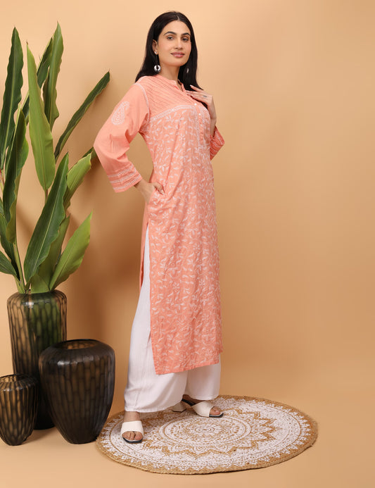 Shwet Women Hand Embroidered Chikankari Peach Pintex Kurti