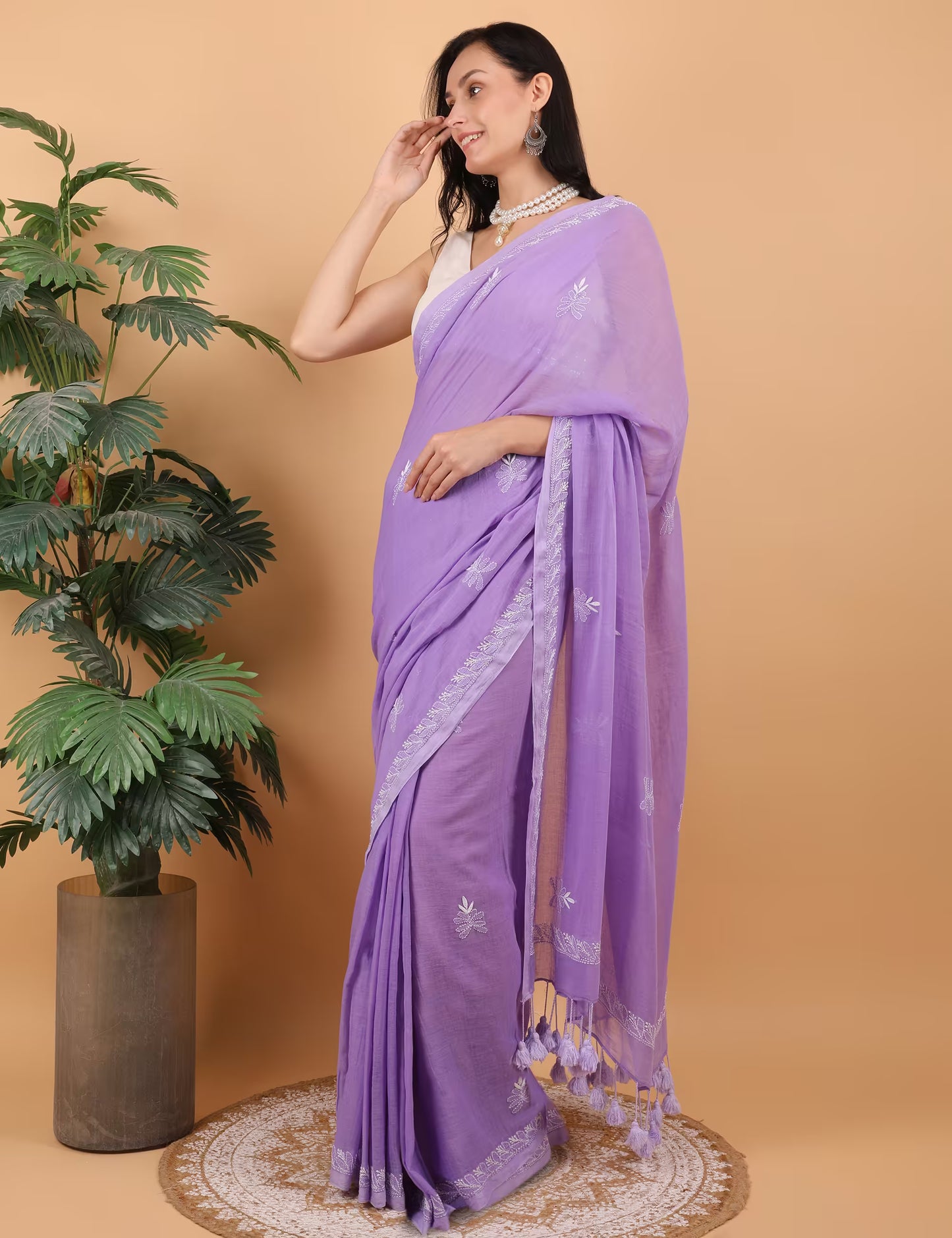Shwet Women Purple Hand Embroidered Chikankari Mulmul Saree - Shwet Artistry