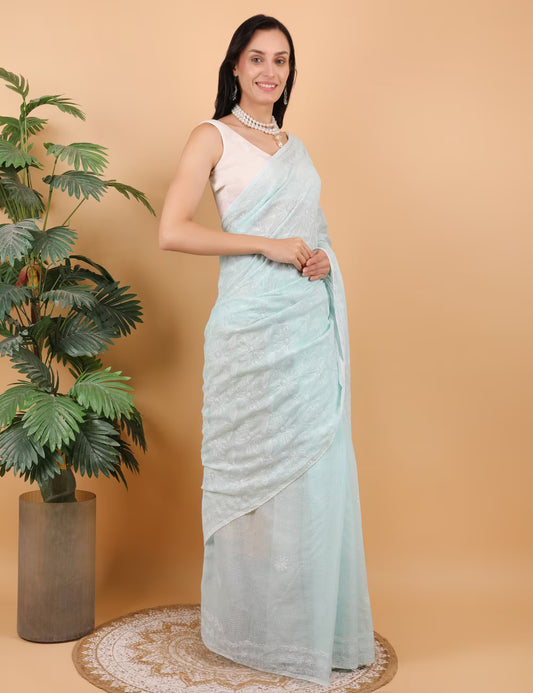 Shwet Women Hand Embroidered Sea Blue Kota Cotton Chikankari Saree - Shwet Artistry