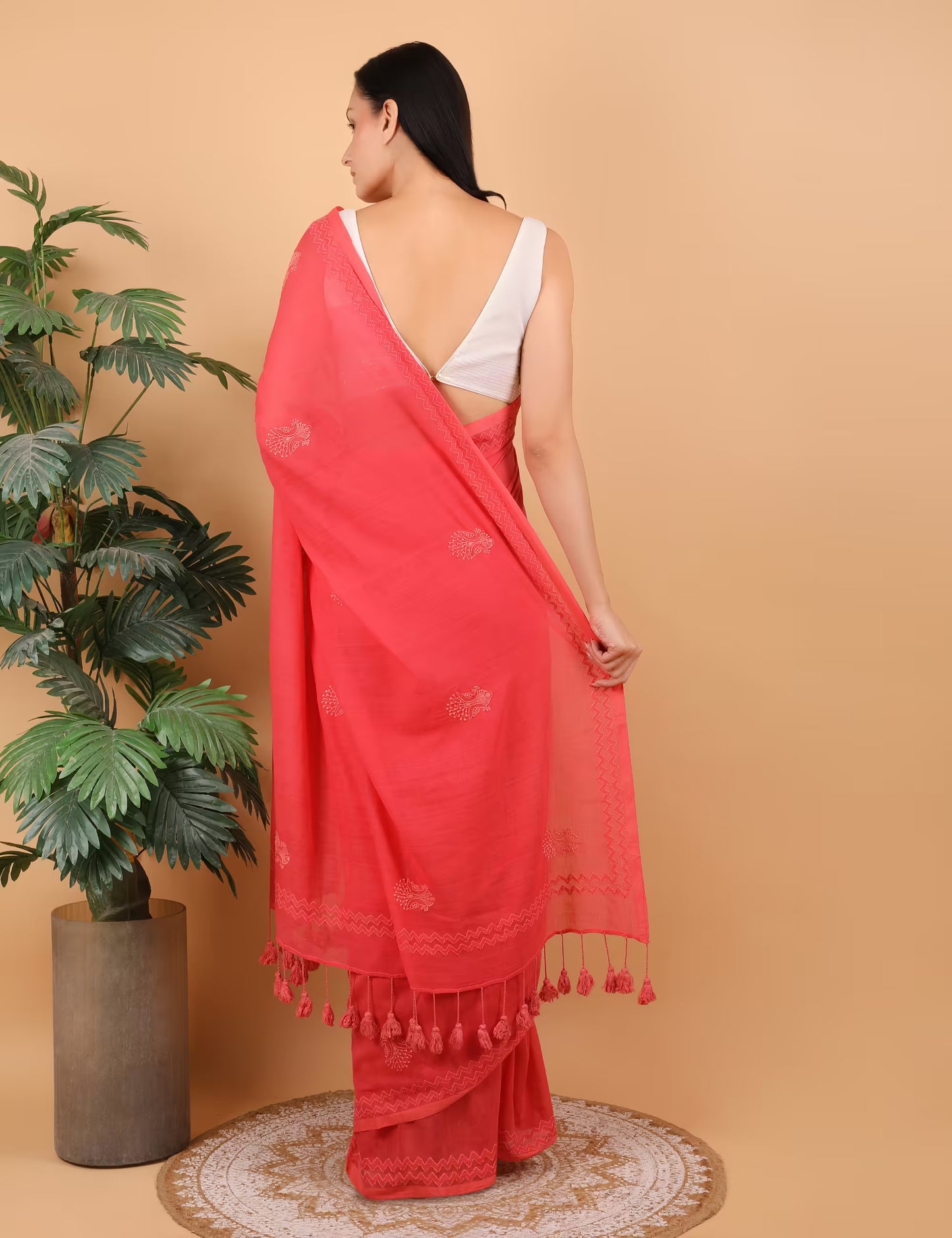 Shwet Women Coral Pink Hand Embroidered Chikankari Saree - Shwet Artistry