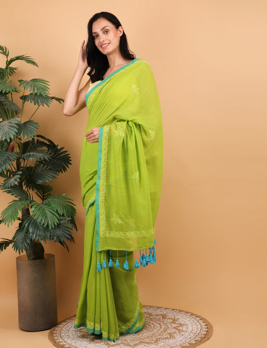 Women Parrot Green  Hand Embroidered Chikankari  Mulmul Saree - Shwet Artistry