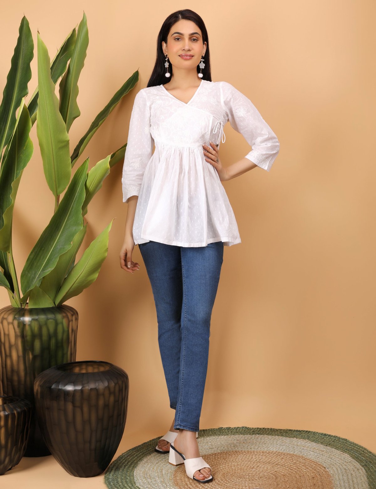 shwet white women chikankari angarkha top - Handcrafted Chikankari embroidery, front view. Premium quality fabric.