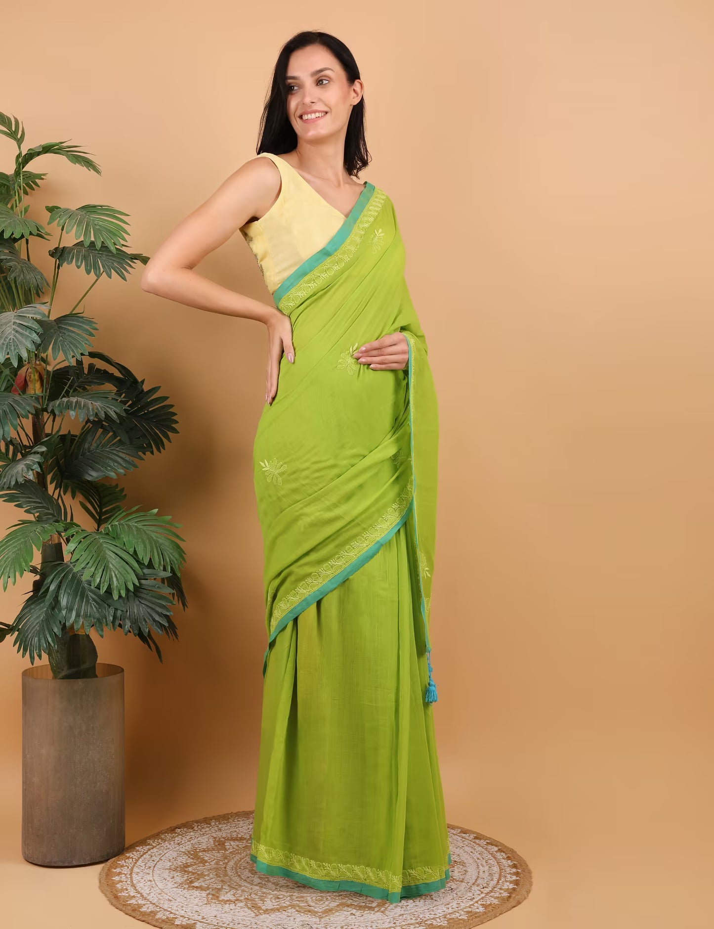 Women Parrot Green Hand Embroidered Chikankari Mulmul Saree - Shwet Artistry