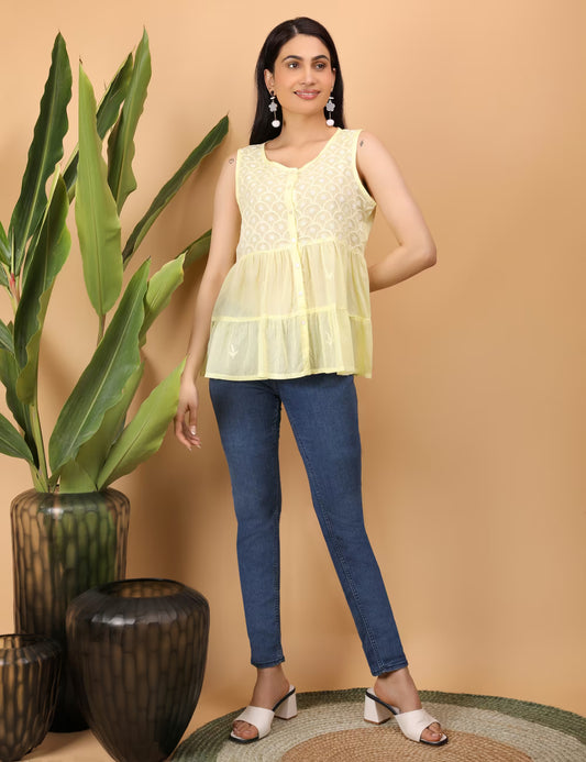 Women Hand Embroidered Yellow Chikankari Tier Top