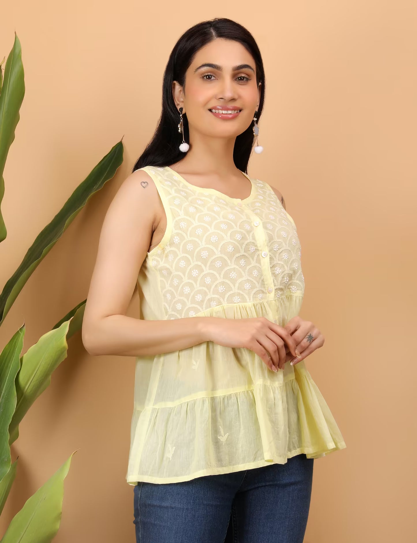 Women Hand Embroidered Yellow Chikankari Tier Top