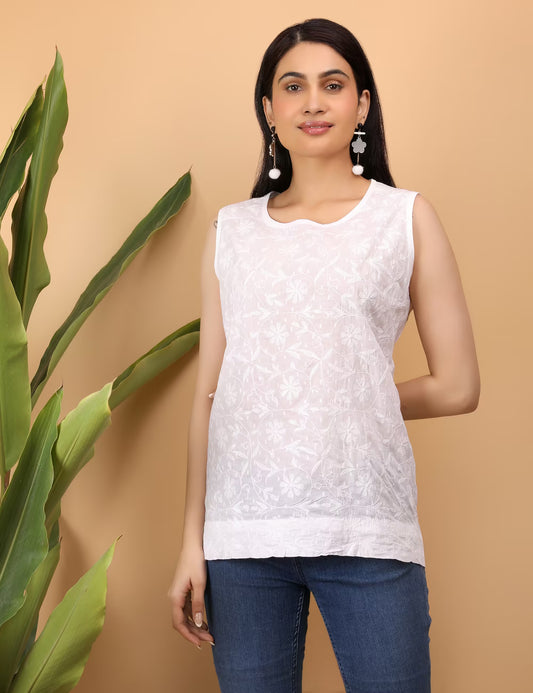 Shwet women white chikankari sleeveless Erika top - Shwet Artistry