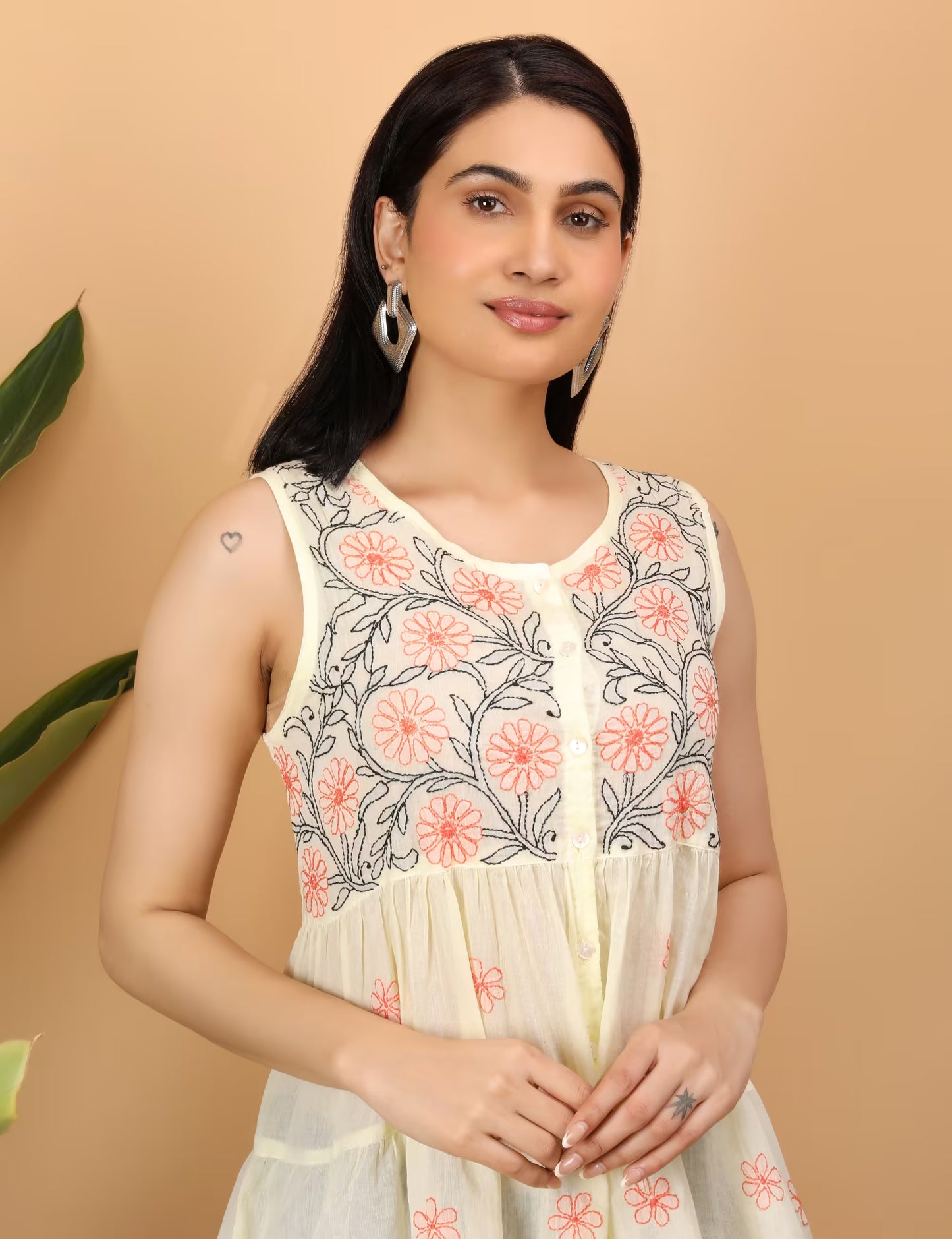 Shwet Women Yellow Chikankari Sleevless Tier Top - Shwet Artistry