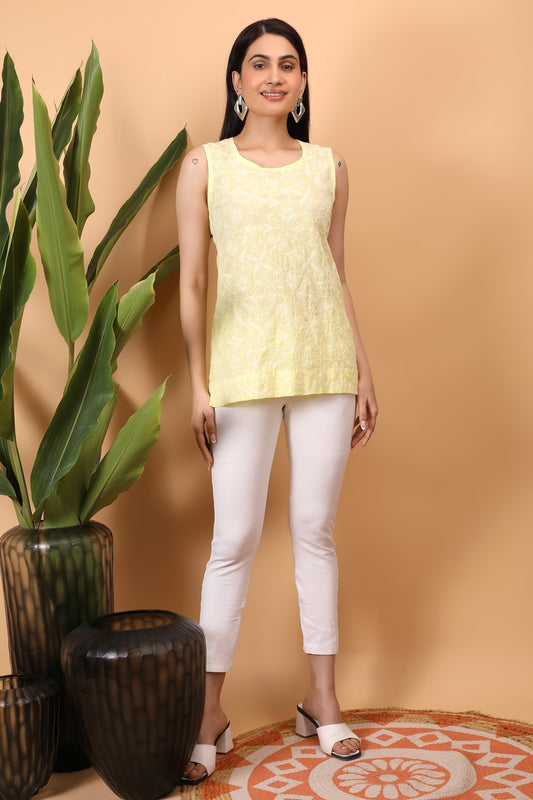 Shwet Women Yellow Hand Embroidered Chikankari Sleeveless Top
