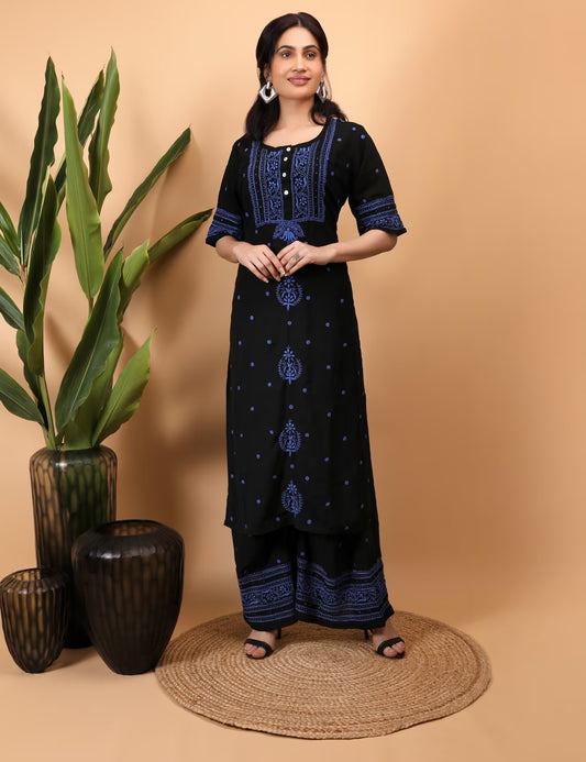 Black & Blue Chikankari Kurta Palazzo Shrug Set