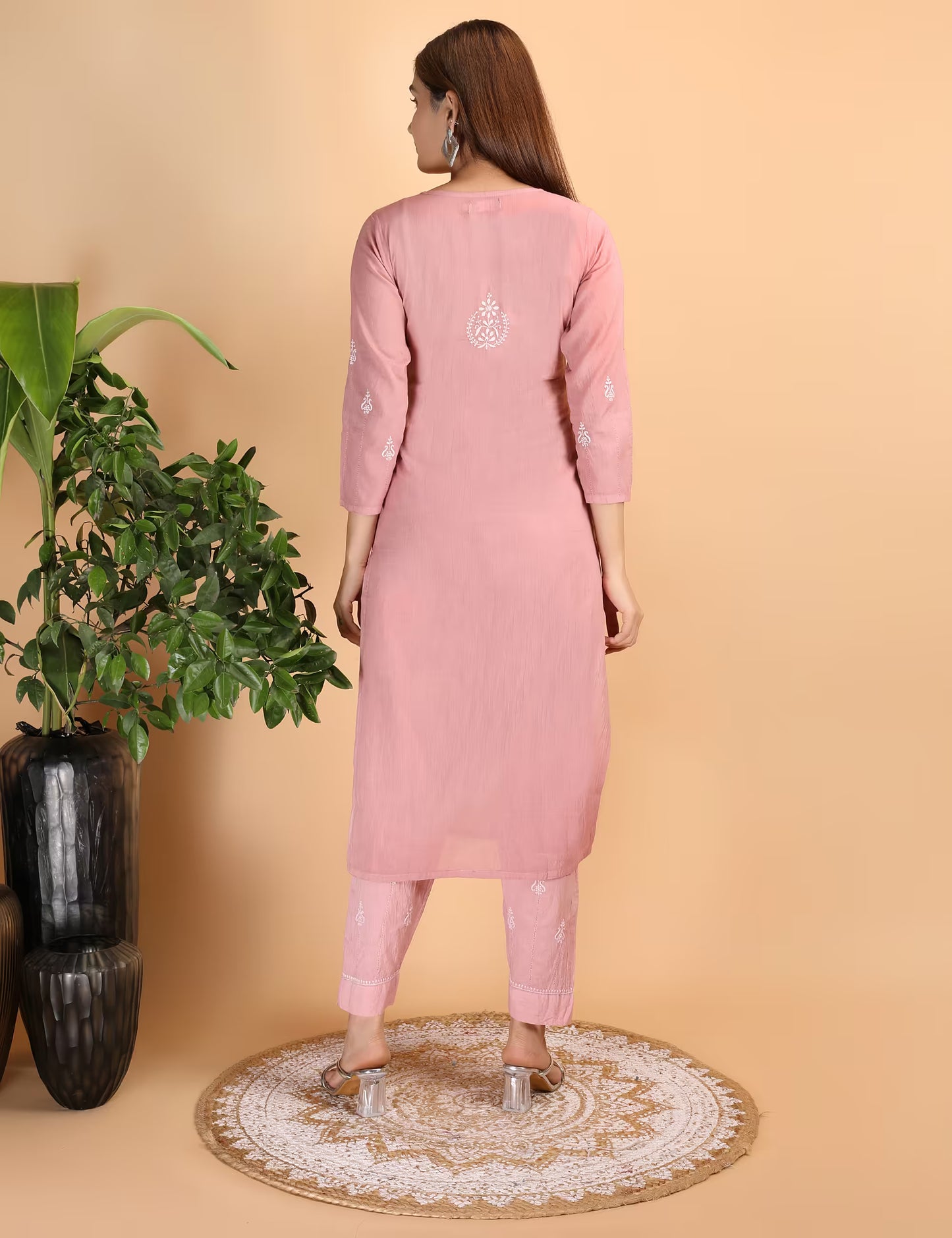 Shwet Women Peach Chikankari Kurta Pants - Shwet Artistry