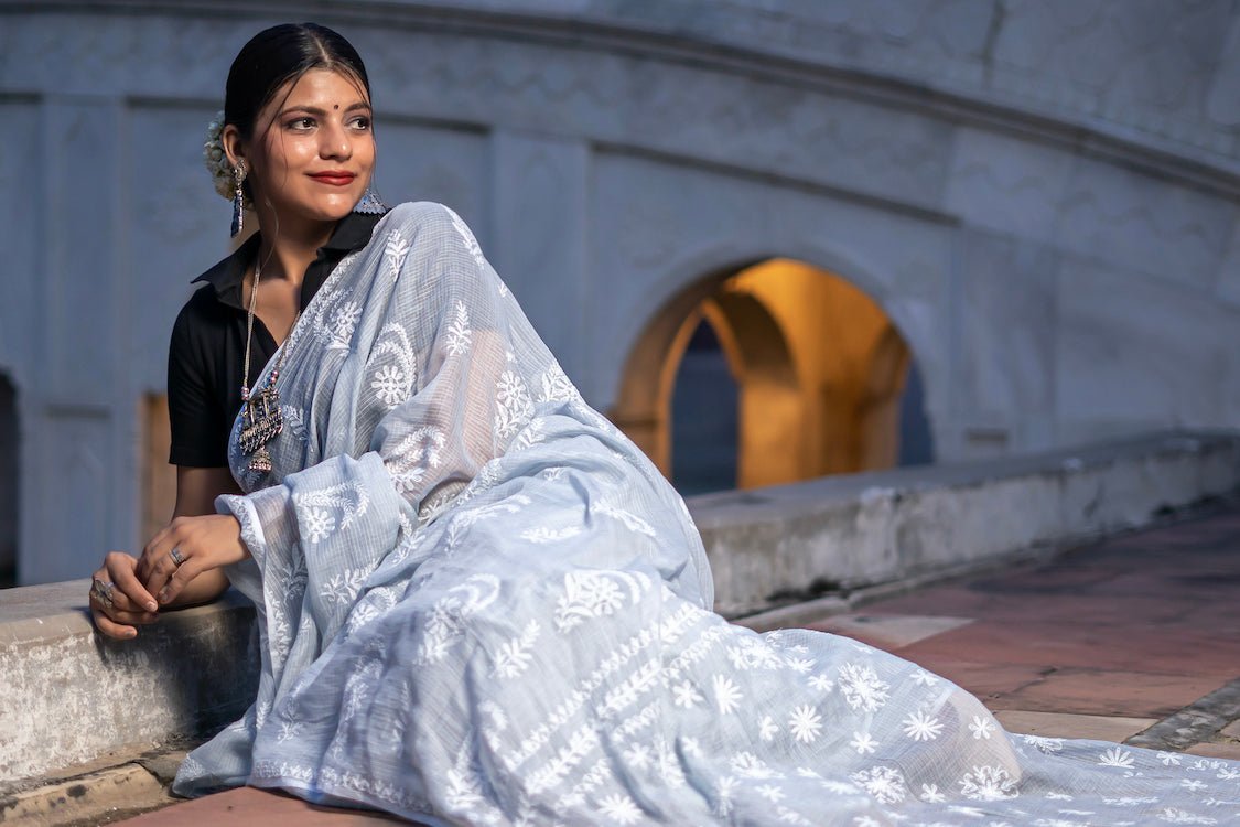 Shwet grey Kota Cotton Chikankari Saree - Handcrafted Chikankari embroidery, close-up detail. Premium quality fabric.