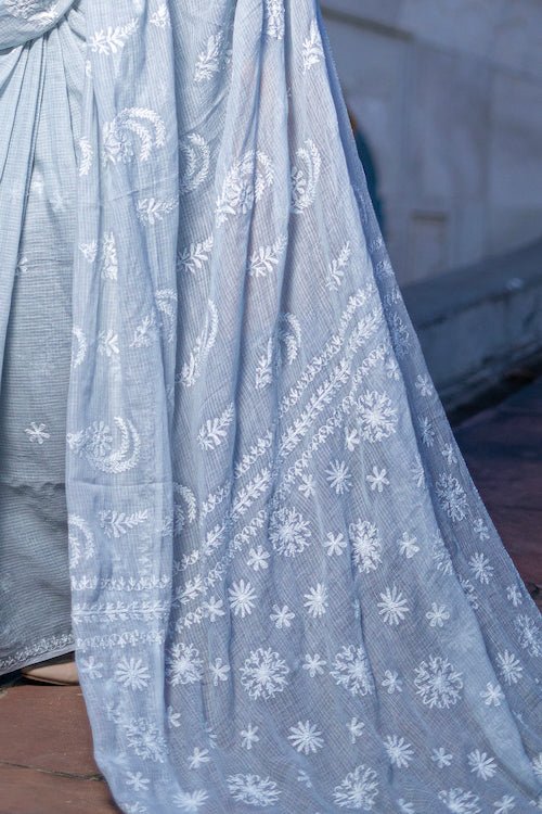 Shwet grey Kota Cotton Chikankari Saree - Handcrafted Chikankari embroidery, styling example. Premium quality fabric.