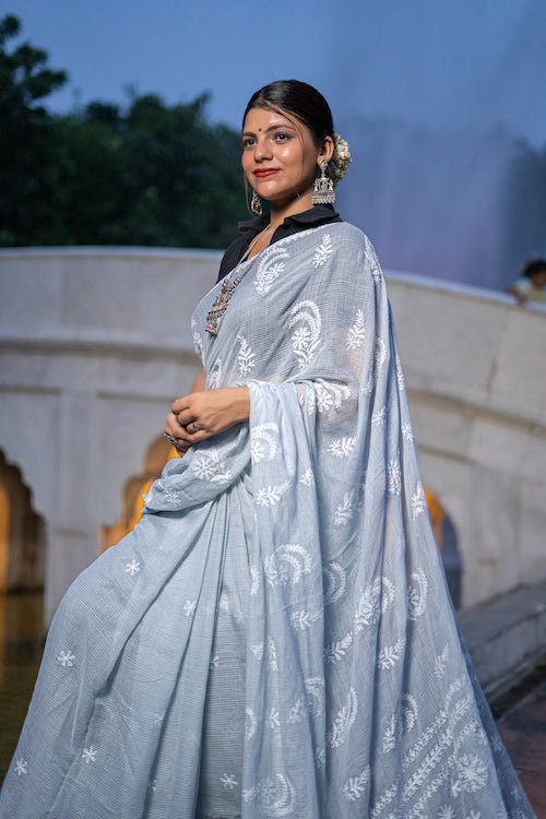 Shwet grey Kota Cotton Chikankari Saree - Handcrafted Chikankari embroidery. Premium quality fabric.