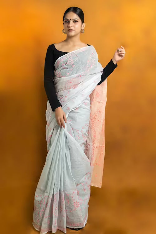 Shwet Women Grey Pink Hand Embroidered Chikankari Kota Cotton Silk Saree